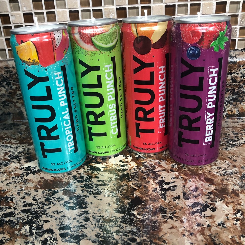 Seltzer can candle tropical citrus berry fruit